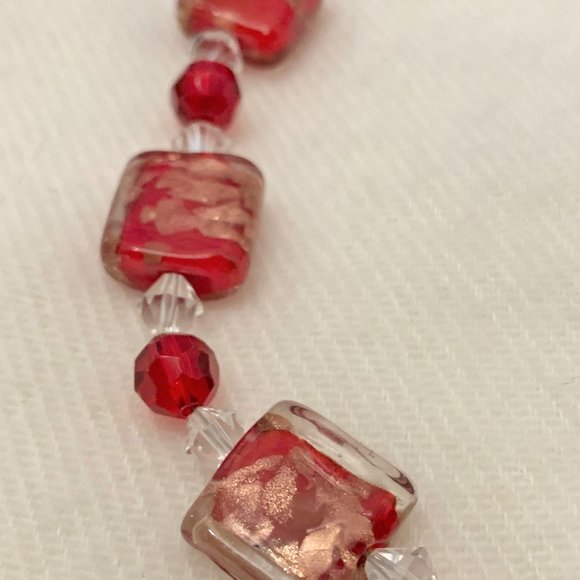 Red Pendant, Bracelet, Earrings, Lucite, Foiled Glass, Crystal, Silver Tone - Picture 3 of 5